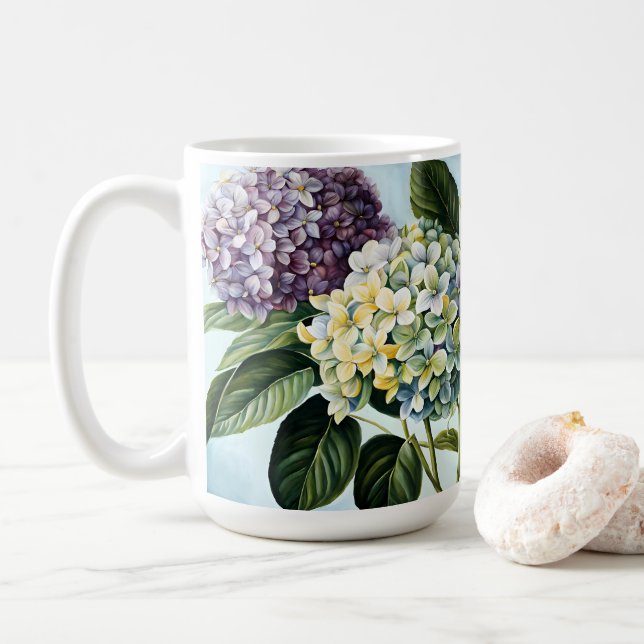Hydrangeas - Classic Pastel Flower Coffee Mug (With Donut)