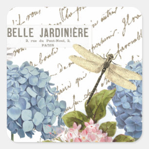 Hydrangeas Dragonfly French Script Garden Square Sticker