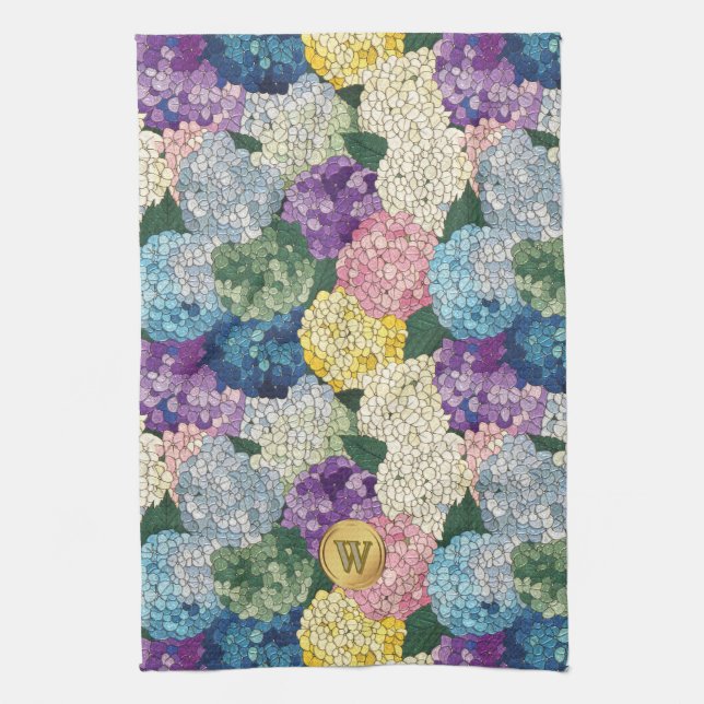 Hydrangeas Floral Faux Stained Glass Monogram Tea Towel (Vertical)