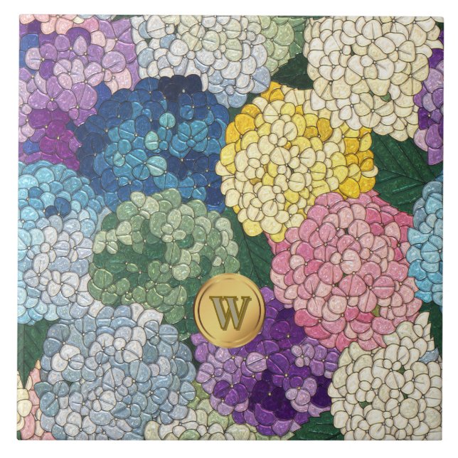 Hydrangeas Floral Faux Stained Glass Monogram Tile (Front)