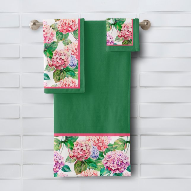Hydrangeas Floral Pattern Bath Towel Set (Hydrangeas Floral Pattern Green Bath Towel Set (white on reverse side), buy pieces separately, too)