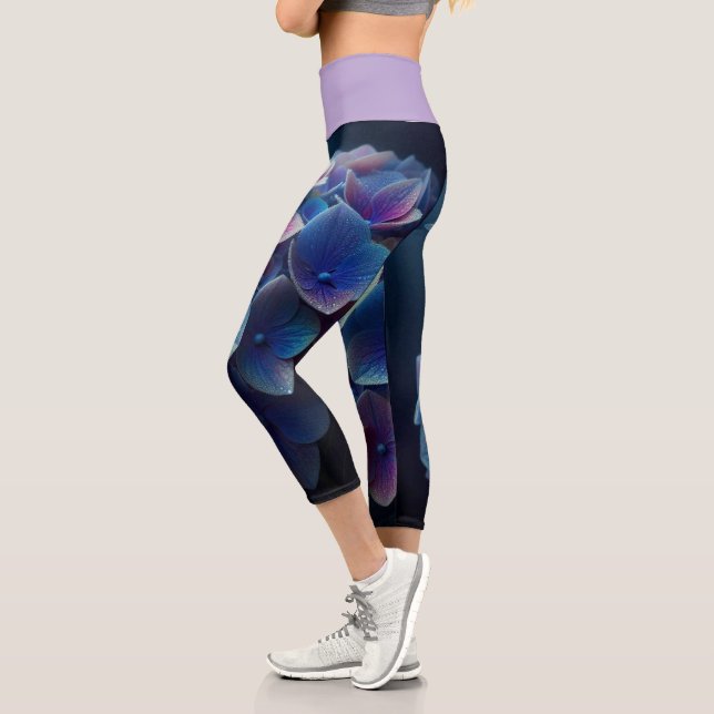 Hydrangeas Floral Purple and Blue Capri Leggings (Left)