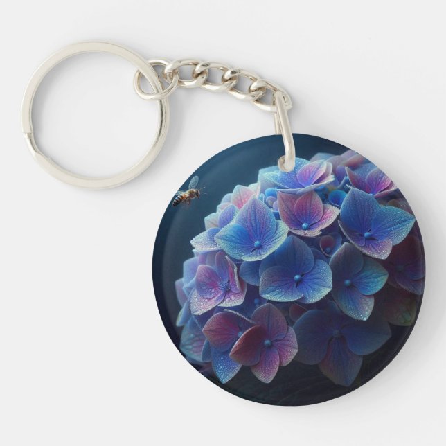 Hydrangeas Floral Purple and Blue Key Ring (Front)