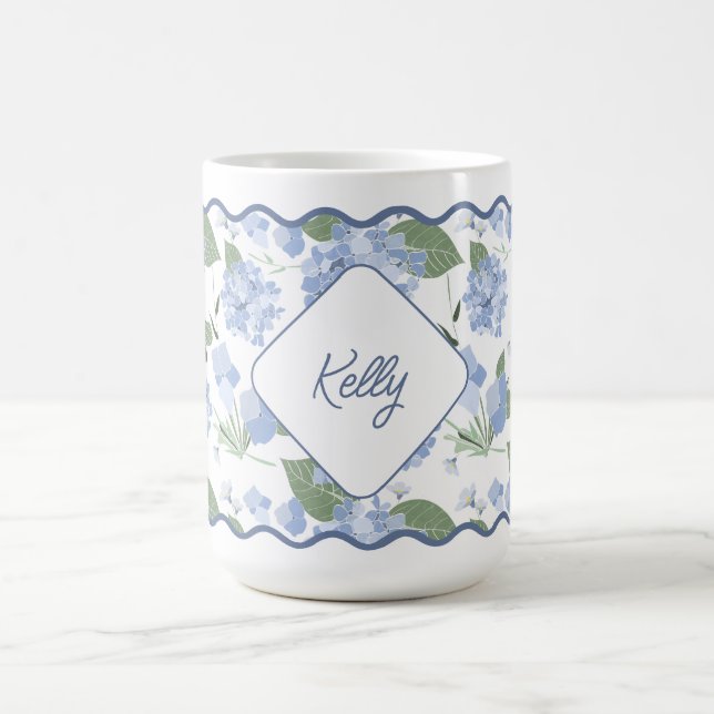 Hydrangeas Girly Classy Personalised Coastal Coffee Mug (Center)