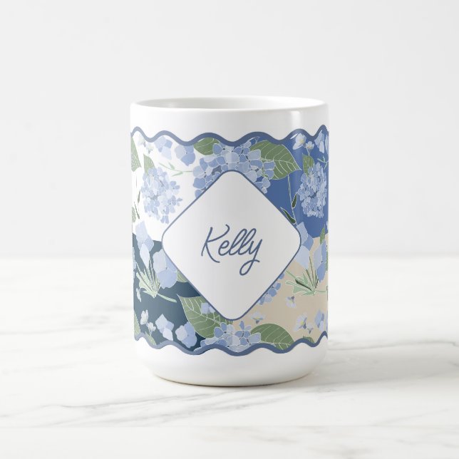 Hydrangeas Girly Patchwork Personalised Coastal Coffee Mug (Center)