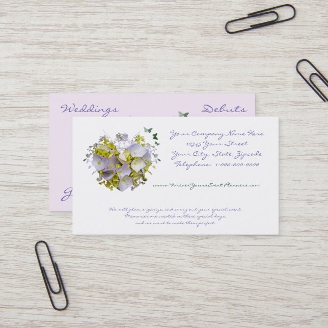 Hydrangeas in a Victorian Die Cut Heart Design Business Card (Front/Back In Situ)
