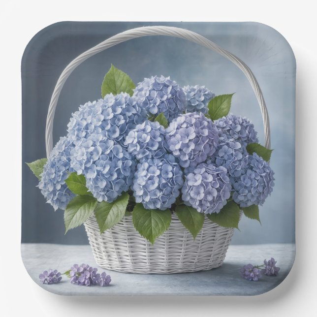 Hydrangeas In Wicker Basket Paper Plate (Front)