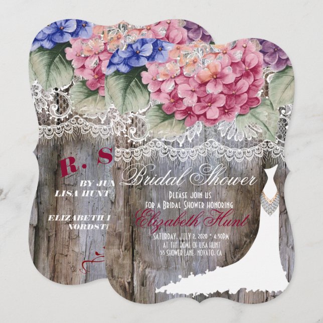 Hydrangeas Lace & Barn Wood Bridal Shower Card (Front/Back)