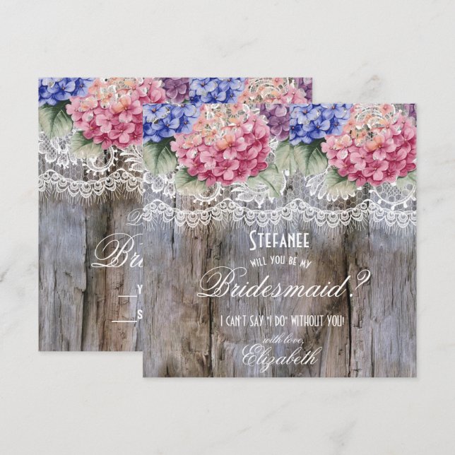 Hydrangeas Lace & Barn Wood Bridesmaid Request Invitation (Front/Back)