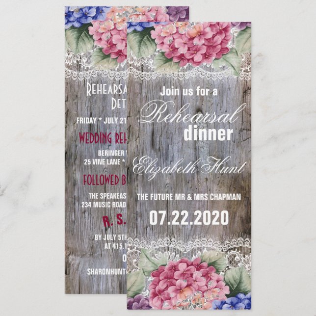 Hydrangeas Lace & Barn Wood Rehearsal Dinner Card (Front/Back)