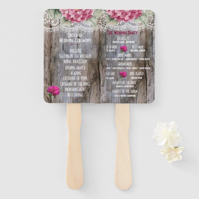 Hydrangeas Lace & Barn Wood Wedding Hand Fans (Front and Back)
