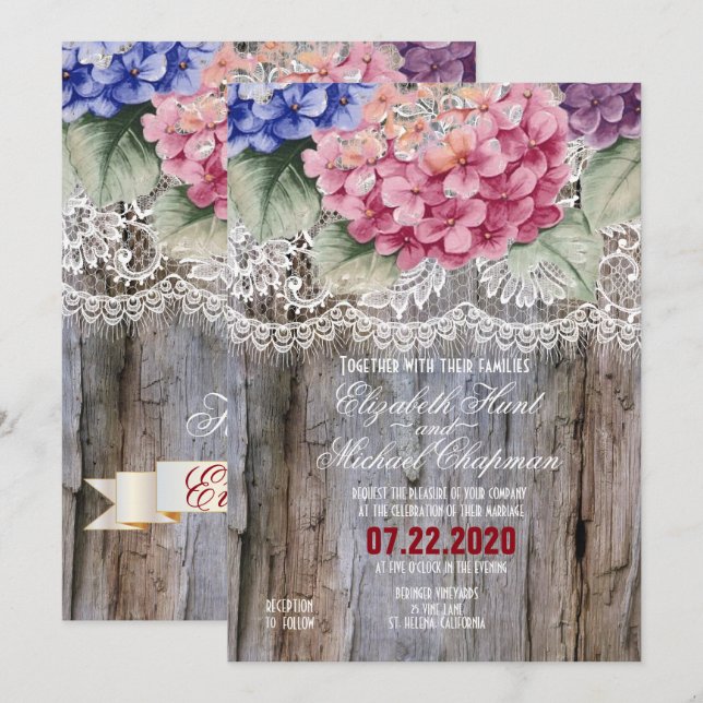 Hydrangeas Lace & Barn Wood Wedding Invitations (Front/Back)