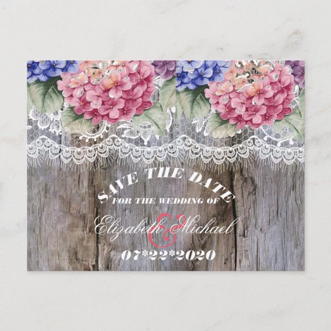 Hydrangeas Lace & Barn Wood Wedding Save the Date Announcement Postcard (Front)