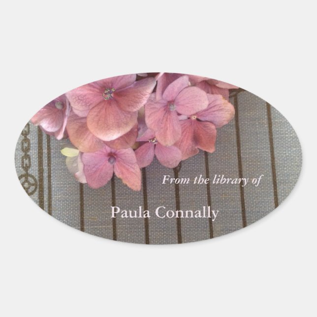 Hydrangeas on a vintage book oval sticker (Front)