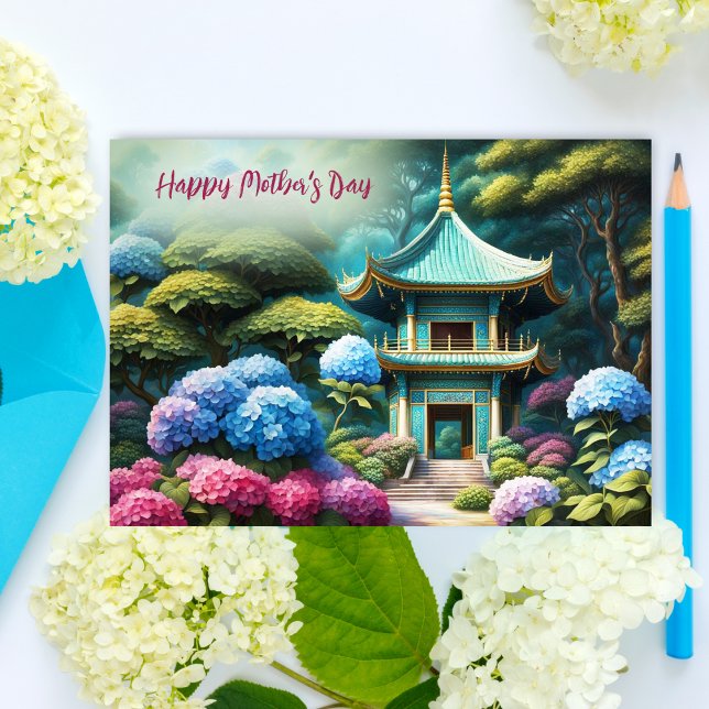 Hydrangeas Pagoda World Mother's Day Card (Capture tranquility and love with Hydrangeas Pagoda World Mother's Day card.)