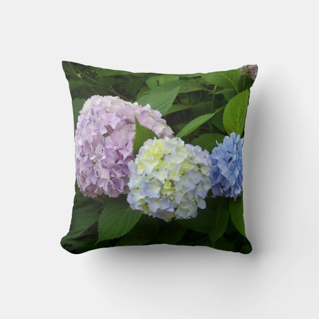 Hydrangeas, pink flowers, blue purple flowers cushion (Front)