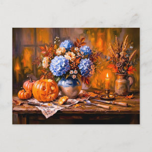 Hydrangeas Pumpkin Carving Candlelight Postcard