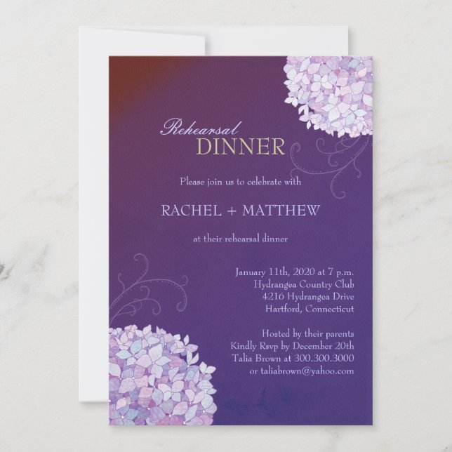 Hydrangeas Purple Wedding Rehearsal Dinner Invitation (Front)