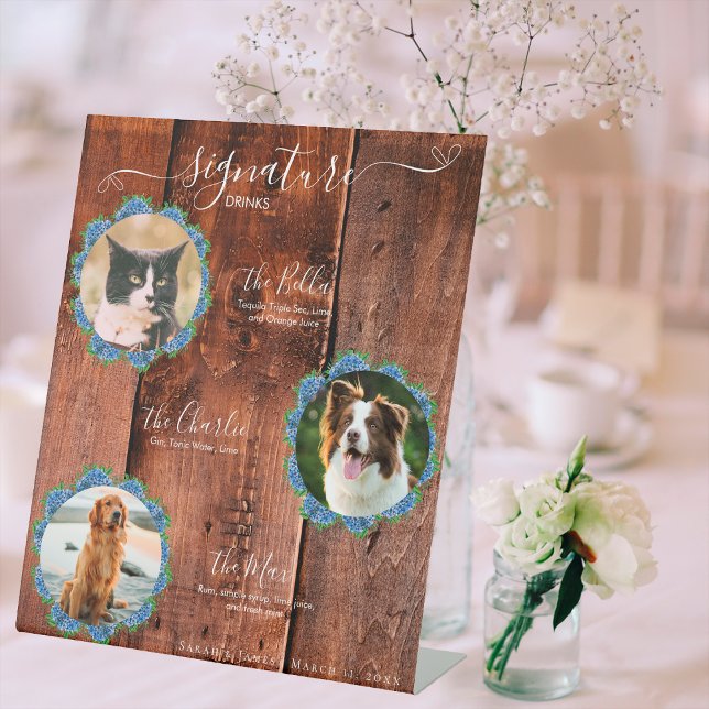 Hydrangeas Rustic Wood 3 Photo Signature Pet Drink Pedestal Sign (Creator Uploaded)