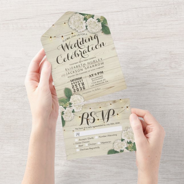 Hydrangeas String Lights Rustic Wood Wedding RSVP All In One Invitation (Tearaway)