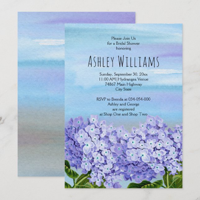 Hydrangeas watercolor floral wedding bridal shower invitation (Front/Back)