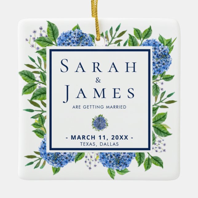 Hydrangeas Watercolor Wedding Save The Date Ceramic Ornament (Front)