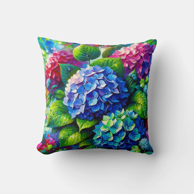 “Hydrangeas with Raindrops - Vibrant Floral Art” Cushion (Front)