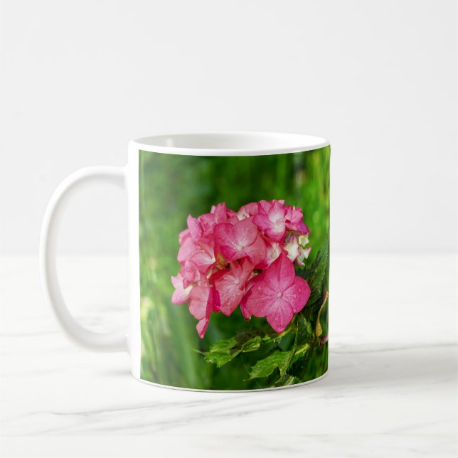 Hydrangia Pink Flowers with Green Leaves  Coffee Mug (Left)