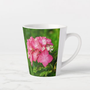 Hydrangia Pink Flowers with Green Leaves Latte Mug
