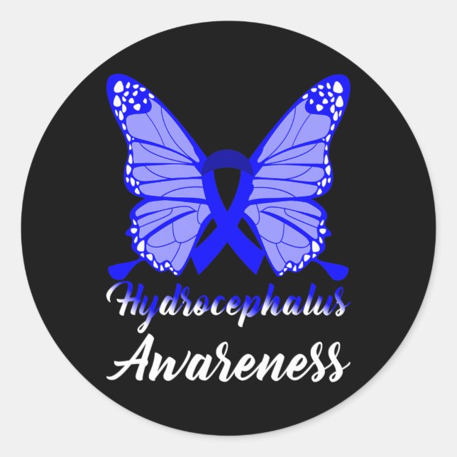 Hydrocephalus Awareness Butterfly Blue Ribbon Supp Classic Round Sticker (Front)