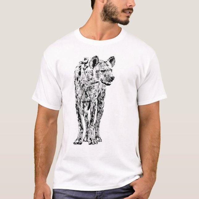 Hyena Full Figure in Realistic Black & White T-Shirt (Front)
