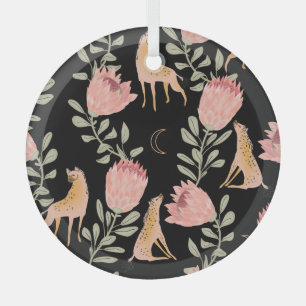 Hyena & Protea: Black Background Seamless Glass Tree Decoration