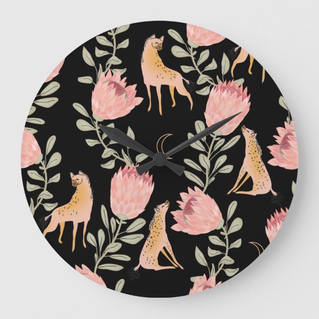 Hyena & Protea: Black Background Seamless Large Clock (Front)