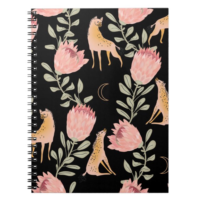 Hyena & Protea: Black Background Seamless Notebook (Front)