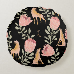 Hyena & Protea: Black Background Seamless Round Cushion