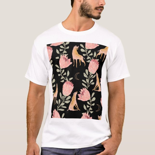 Hyena & Protea: Black Background Seamless T-Shirt (Front)