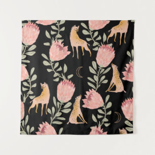 Hyena & Protea: Black Background Seamless Tapestry