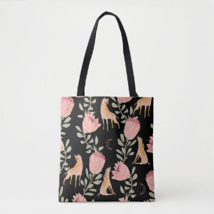 Hyena & Protea: Black Background Seamless Tote Bag