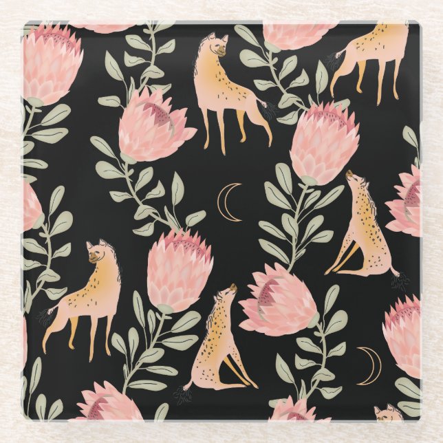 Hyena & Protea: Dark Vintage Pattern Glass Coaster (Front)