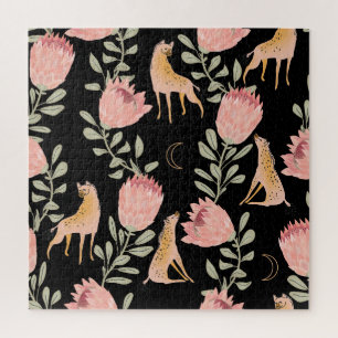 Hyena & Protea: Dark Vintage Pattern Jigsaw Puzzle