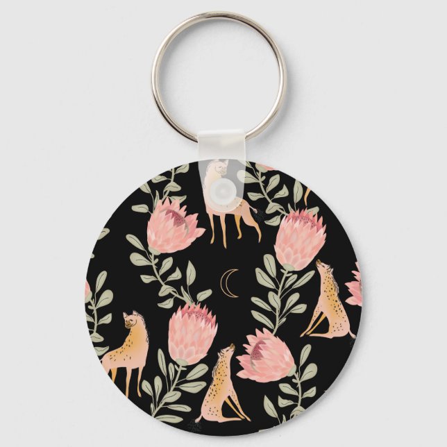 Hyena & Protea: Dark Vintage Pattern Key Ring (Front)