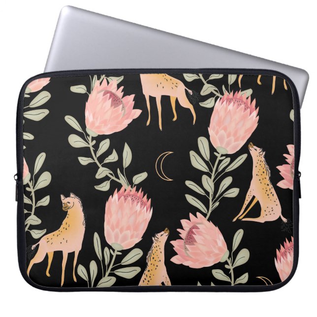 Hyena & Protea: Dark Vintage Pattern Laptop Sleeve (Front)