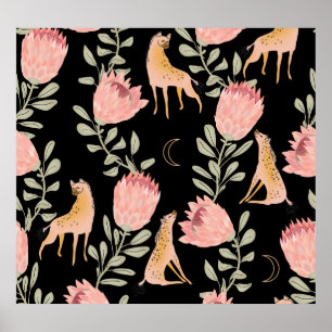 Hyena & Protea: Dark Vintage Pattern Poster