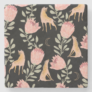 Hyena & Protea: Dark Vintage Pattern Stone Coaster