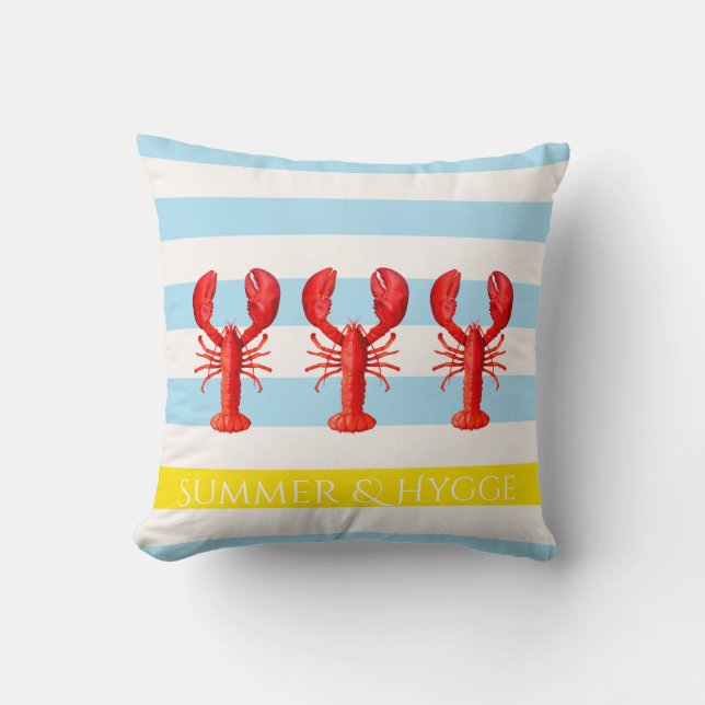 Hygge blue white summer stripes red lobsters cushion (Front)