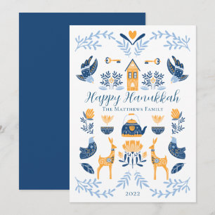 Hygge Blue   Yellow Unique Happy Hanukkah Holiday Card
