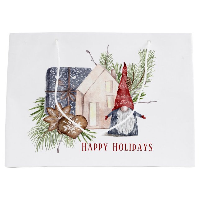 Hygge Christmas Cute Gnome Nordic Holidays Large Gift Bag (Front)