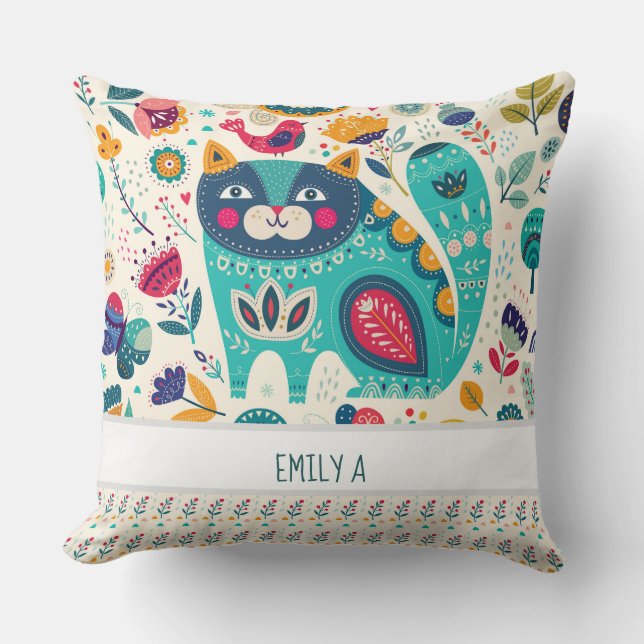 Hygge Decor Personalized Cat Folk Art Gift Cushion (Front)