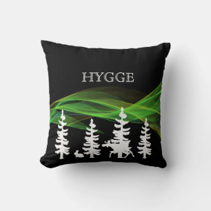 Hygge forest in black white and northern lights cushion