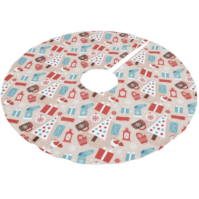 Hygge Holiday Pattern in Red and Blue Brushed Polyester Tree Skirt (Angled)